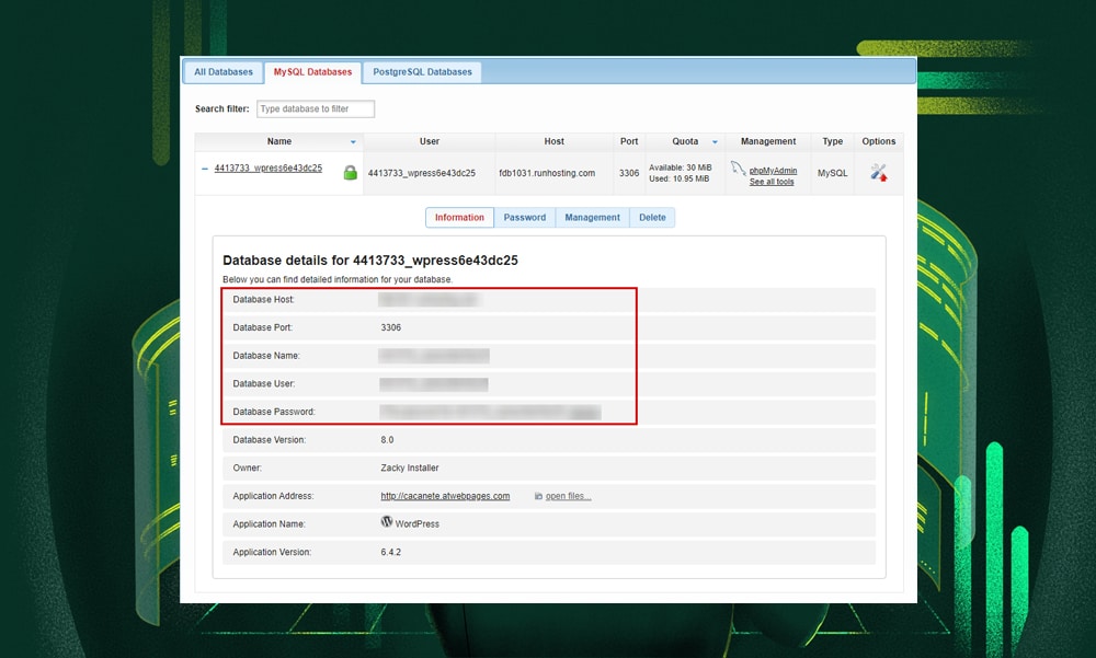 check database credentials in cpanel