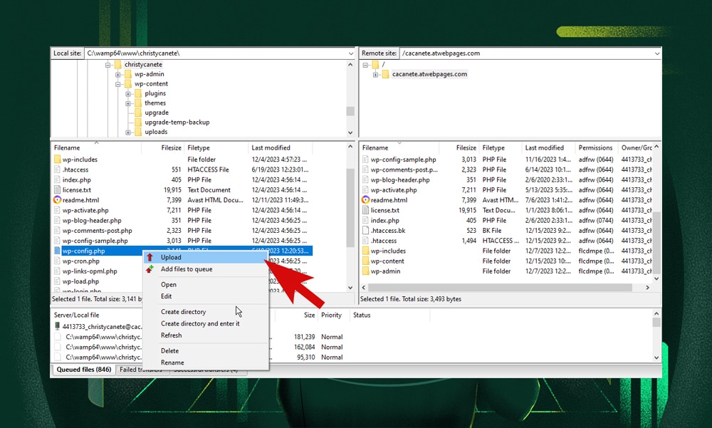 upload wp-config.php using FileZilla