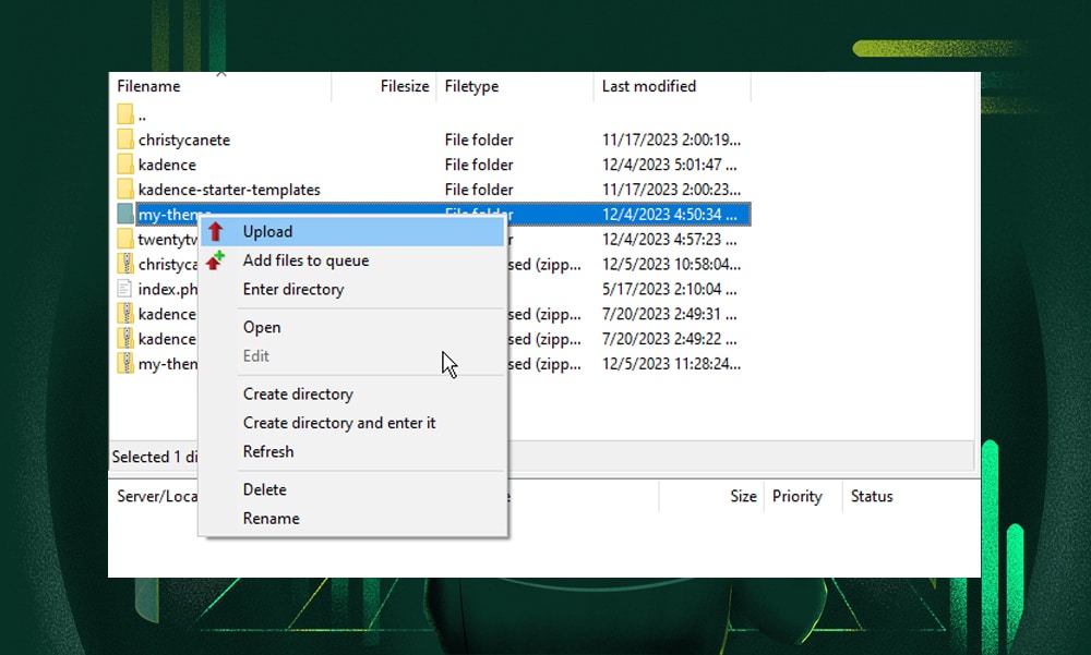 FileZilla upload theme folder